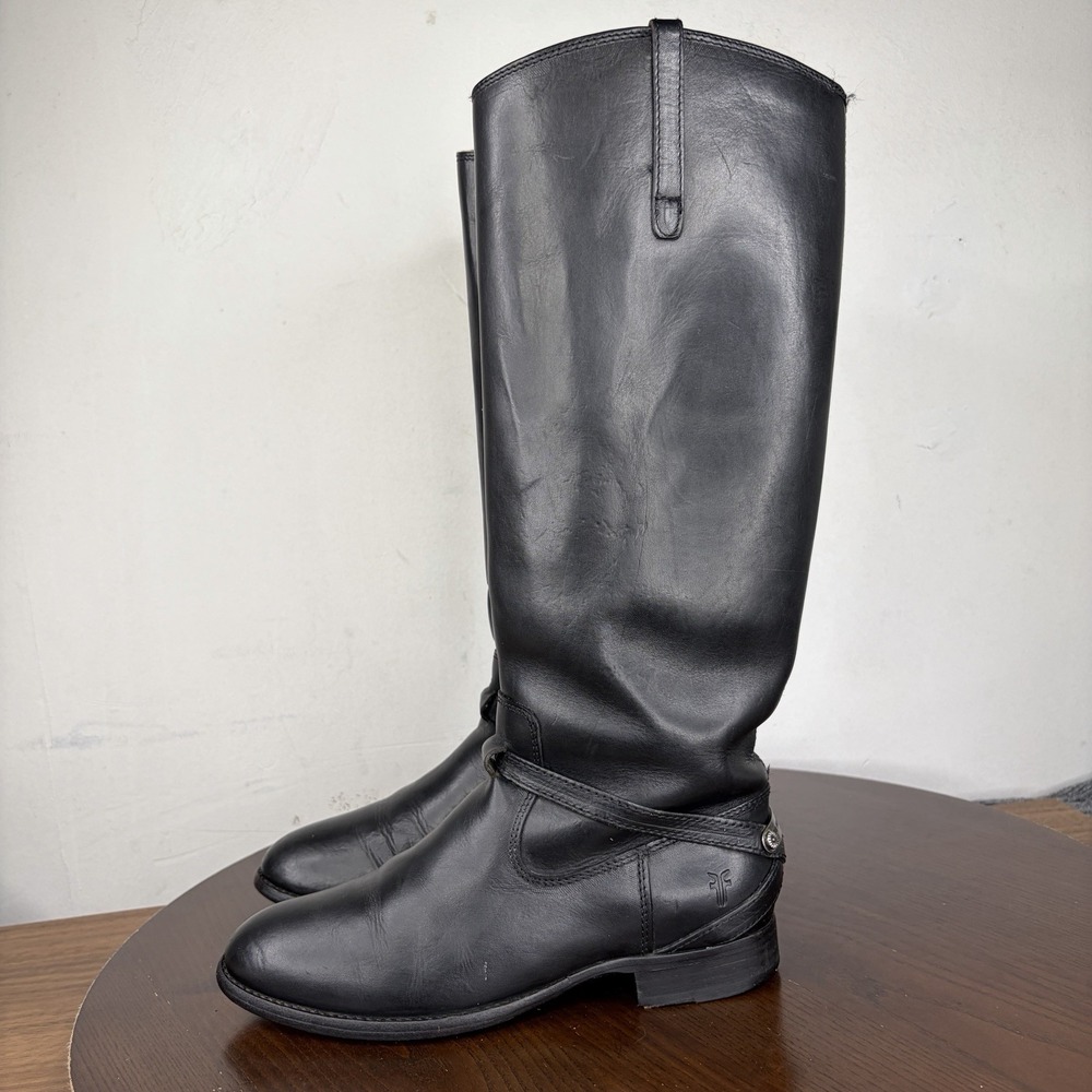 Frye Lindsay Plate Boots Women's 6B Black Leather Tall High Riding Pull On 76976